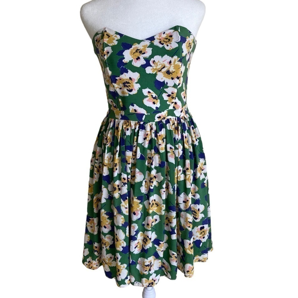 Pim + Larkin Strapless Sweetheart Neckline Green Floral Retro Skater Dress S